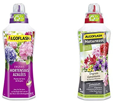 ALGOFLASH Engrais Hortensias et Azalées, Bouchon Doseur Inclus, 750 ml, ALITB750N & NATURASOL Engrais Liquide Géraniums & Plantes Fleuries, 1 L, UAB, ALBIOGER1