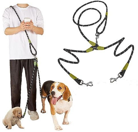 Doppelte Hundeleine, Crossbody-Leine für Laufen, Spazierengehen, Training, Nylon, reflektierend, strapazierfähig, für große, mittelgroße und kleine Hunde (Schwarz - 2)