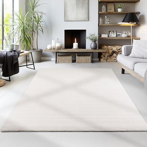 HomebyHome Kurzflor Teppich Wohnzimmer 240 x 340 cm Creme - Waschbarer Teppich für Schlafzimmer, Esszimmer und Ideal als Küchenteppich - Flauschiger Teppich Extra Weich, Einfarbig, rutschfest, Modern