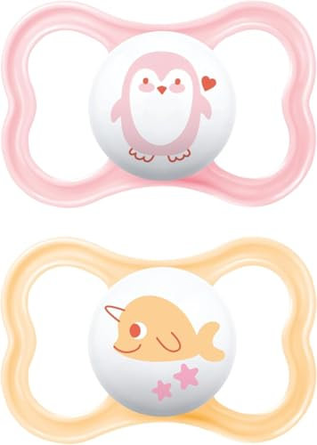 MAM Air Soothers | 18-36 Months | 2 Pack | Comes in Dummy Steriliser Case | Sustainable Materials | Baby Accessories | Peach/Cream (Various Designs)