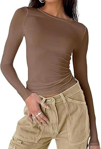 Women's Basic T-Shirt Long Sleeve Crop Top Slim Fit Tops Casual Crew Neck Tee Shirt Long Sleeve (UK, Alpha, S, Regular, Regular, Brown)