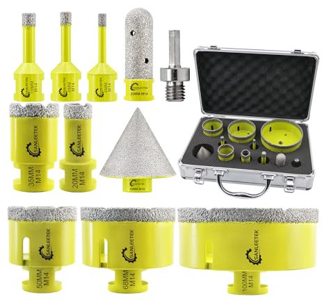 SANLEETEK Foret Diamant Carrelage Kit - 11pcs (6/8/10/20/35/50/68/100mm+20mmFraise Diamant+50mmMèches de Chanfrein+Adaptateur) Carrelage Céramique Porcelaine Marbre Granit M14 Filetage
