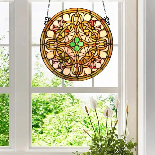 Fine Art Lighting - Baum des Lebens Tiffany-Stil Buntglas-Fensterpaneel (KP122N), gelbe Sonnenblumen-Design, runde hängende dekorative Platte, 30,5 cm Durchmesser