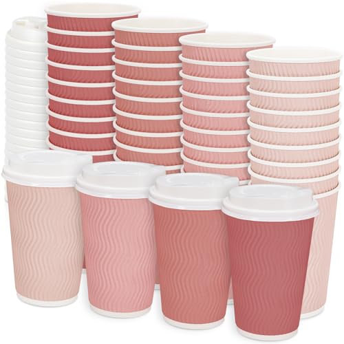 JarThenaAMCS 100Pcs Pink Disposable Coffee Cups with Lids 4 Gradient Pink Colors Paper Cups Corrugated Ripple Wall Insulated Hot Cups 16 oz To Go Hot Cold Cup for Drinks for Home Office Party Supplies
