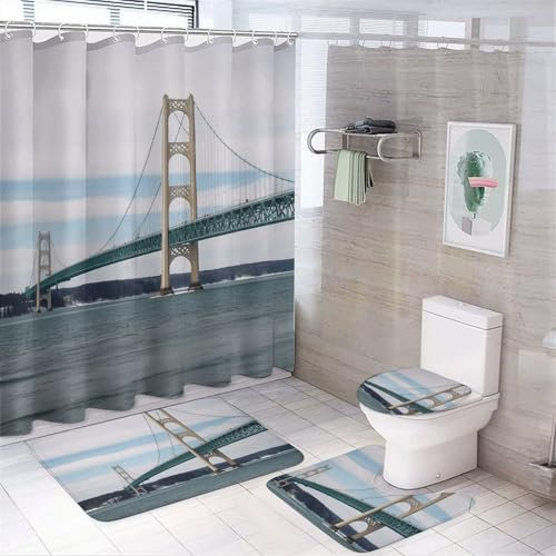 YKUDBN Mackinac XB0608021 Lot de 4 rideaux de douche avec imprimé pont suspendu, tapis de bain, tapis de couvercle de toilette en forme de U et 12 crochets