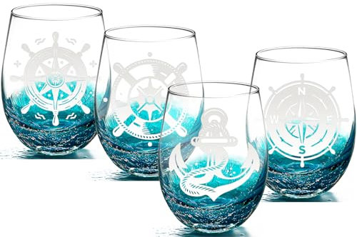 OWATRKDEY Nautical Themed Wine Glasses Set of 4 Stemless, 18oz, Fathers Day Wine Glass Boat Gifts, Handmade Crackle Teal Wine Glasses, Nautical Gifts for Men Sailors and Boating Enthusiasts