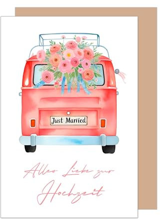 Edition Seidel Premium Glückwunschkarte zur Hochzeit mit Umschlag aus Kraftpapier. Hochzeitskarte Grußkarte Vermählung Just Married Wedding Brautpaar Bus Blumen (H478 SW024)