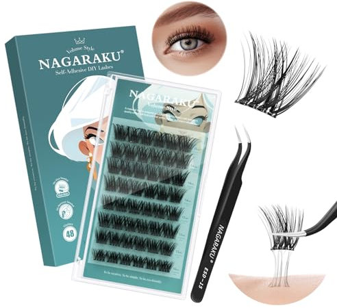 NAGARAKU Pestañas Autoadhesivas con Pinzas Kit, 48 Racimos DIY Pestañas Voluminosas Adhesivas Presión Automática Sin Pegamento Ni Removedor Reutilizables Prepegados Maquillaje Pesado(0,07mm C 10-16mm)
