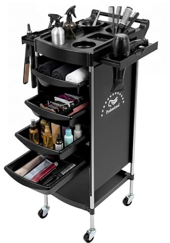 Salon Rollwagen 6 Etagen Profi Friseurwagen Arbeitswagen Kosmetikwagen mit 5 Schubladen und Rollen Faltbare Multi Schönheitssalon Trolley für Beauty Salon Stylist Friseur (Schwarz)