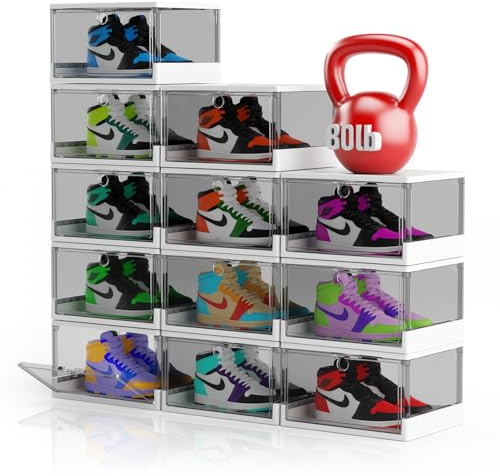 XUPAINC Dicker & Stabiler Klare Schuhkartons mit magnetischer Tür, 12er Pack Stapelbare Kartons für Kleiderschränke, Schuh-Displaykasten, Stiefel- und Hut-Organizer, Passt bis EU-Größe 48