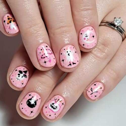 24 unghie per Halloween, a pressione corta, in acrilico, con fantasma, rosa, da incollare, accessori regalo