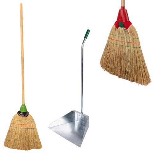 Tomaino - Set Pulizia Scopa Saggina con Paletta in Ferro zincato, Pulizia per Cortile Esterno, Giardino, Garage, Portico (Scopa con paletta)