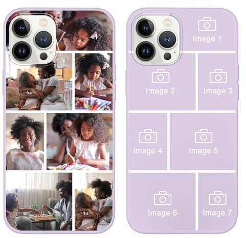 Yoedge Personalised Phone Case for iPhone 12 Pro Max 6.7 inch, Custom Photo Design Flexible Soft Silicone Customized Rubber Shockproof Cover, Personalize with 7 Image Collage for Girls, Grass Purple