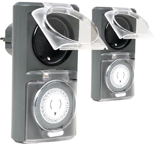 Menz Zeitschaltuhr Aussenbereich - Mechanische Zeitschaltuhr Steckdose außen, IP44 Zeitschalter analog außen, ca. 3,7 kW Zeitschalter für Steckdose außen, Outdoor Timer, 2 Stück