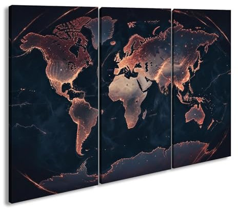 deyoli Leinwandbild Leuchtende Weltkarte in Dunkelheit, Kontinente erstrahlen. Format: 120x80cm (3Teilig) XXL Kunstdruck Bild auf Holzrahmen/Wandbild/Wohnzimmer Dekoration