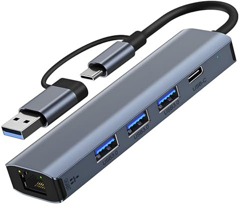 Oblinple Hub USB 3.0 USB C Ethernet 5 en 2, LAN RJ45 1000Mbps Adaptateur avec 3 Ports USB 3.0 et Type C, Aluminium Multiport Adapter Réseau Gigabit pour Windows XP Mac Linux Chromebook