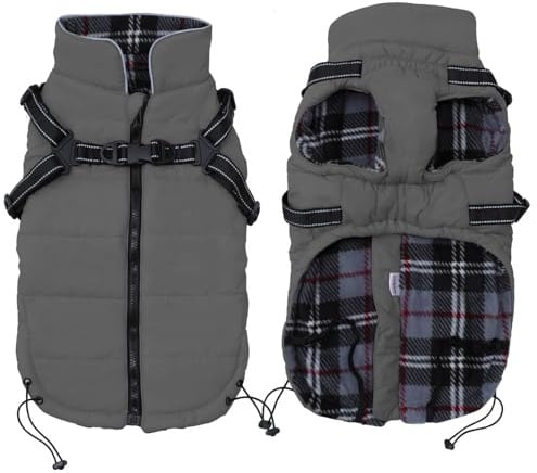 Pethiy Winter Warm Coat Waterproof Dog Winter Jacket with harness traction belt,Pet outdoor jacket Dog autumn and winter clothes For Medium, small Dog-Grey-L