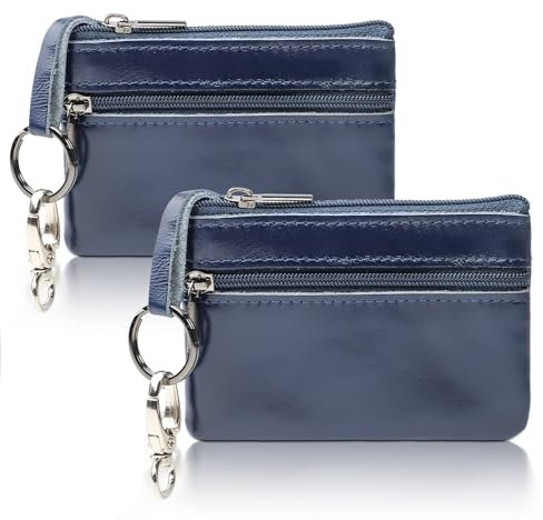 TPTGIAR 2 Stück Schlüsseltasche Leder, Schlüsseletui Leder Herren und Damen, Geldbörse mit Schlüsselring, Schlüsselanhänger Tasche, Hochwertig Schlüsselmäppchen mit 2 Fächer - Blau