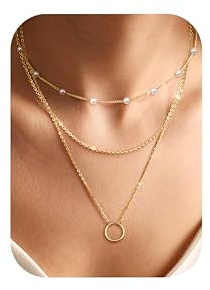 Chriscoco 3Pcs Damen Gold Lagenkette mit Anhänger Perlenkette CZ Herz Kreuz Kette Wasserfest 14K Vergoldete Ketten Set Goldkette mit Schmuckschatulle