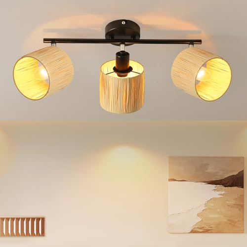 Deboola Deckenstrahler 3 Flammig Deckenleuchte Boho - Deckenlampe Natur Deckenspots Vintage E14 Strahler Innen 350°Schwenkbar Spots für Schlafzimmer Wohnzimmer(Ohne Leuchtmittel)