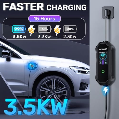 EV Charger Cable Type 2 to 3 Pin Plug, 7M 3.5KW Portable Electric Car Charger, 6A/8A/10A/13A Adjustable 12H Schedule Charging, Type 2 Charging Cable with Carry Bag, 2.8 LED Dsiplay