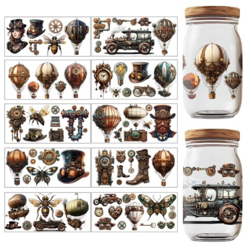 GOMAKERER 10 Blatt UV DTF Cup Wraps Im Steampunk Stil. Ästhetische Transferaufkleber Antike Vinyl UV Reib Transferaufkleber Für 16 Unzen Glasbecher Milchteetassen Becher Behälterdekor