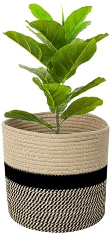 Maceta con forro para plantas de interior, maceta plegable de algodón, cesta de almacenamiento tejida para plantas, macetas de flores, organizador de juguetes de lavandería (amarillo con negro, 25 x