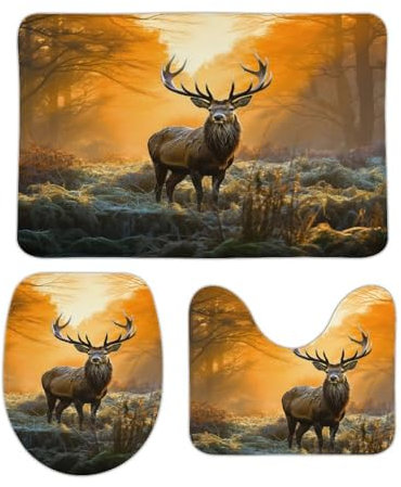 ERKSOUKA Bathroom Rugs Set 3 Pieces,Deer in The Grass Bathroom Mat Bath Set Non-Slip Ultra Soft Carpet Mats Absorbent with U-Shaped Toilet for Toilet Bath Mat Set