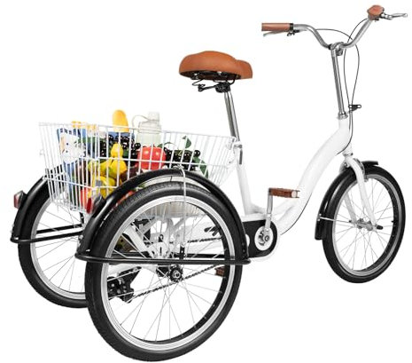 20 Zoll Dreirad für Erwachsene, 3 Räder EIN-Gang Adult Fahrrad Erwachsenendreirad Fahrrad Tricycle mit Einkaufskorb & Griff, Höhenverstellbar, Lastenfahrrad für Outdoor