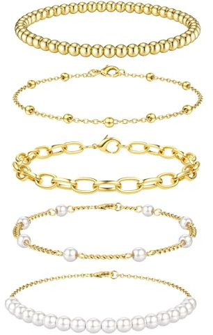 JeweBella 5 Stück Kette Armband Damen Gold Silber 14 Karat Vergoldet Edelstahl Armband Set Verstellbar Büroklammer Perlen Ketten Perle Armbänder Set Armkette Wasserdichter Gold Schmuck für Damen
