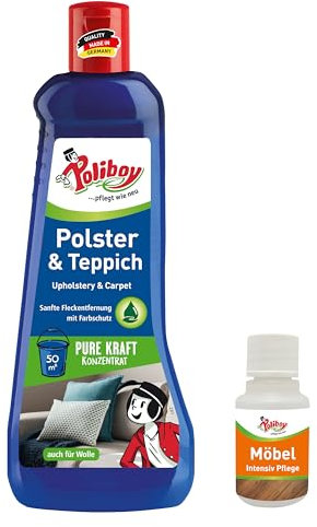 POLIBOY Teppich & Polster Reiniger - Sanfter Textilreiniger zur Fleckentfernung - Für Teppichböden, Schamponiergeräte und Wolle - 1x 500 ml - inkl. Produktprobe - Made in Germany