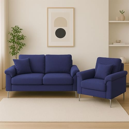 KOSY KOALA Modern Blue Sofa 2 1 Seater Set Fabric with Chrome Feet - Comfortable Couch with Cushion for Living Room, Bedroom or Office