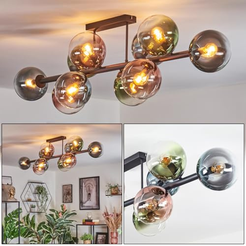 HOFSTEIN Deckenleuchte Gastor, 10-flammige Deckenlampe aus Metall/Glas in Schwarz/Grün/Blau/Kupfer/Klar, Leuchte im Retro/Vintage-Design (Schirme Ø 15 cm), E14, Esszimmer, Wohnzimmer, Schlafzimmer