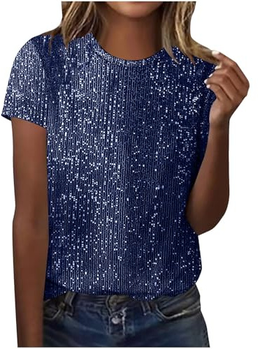 Glitzer T-Shirt Damen Pailletten Druck Bluse Modisches Pullover Glitzer Print Oberteile Rundhals Tunika Tops Kurzarm Shirt Farbverlauf Pulli Locker Atmungsaktiv Streetwear Karneval Kleidung