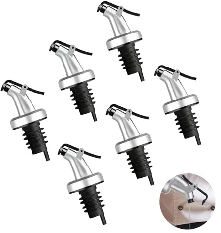 6 PCS Silver Oil Pourer Spouts - Leakproof Curved Bottle Stopper Dispenser with Cap, for Olive Oil, Vinegar, Soy Sauce, Wine, Spirits
