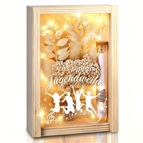 Jugendweihe Geschenke, Geldgeschenk Jugendweihe für Mädchen und Jungen, Alles Gute zur Jugendweihe Deko, inklusive Getrocknete Blumen, Holzbox, Kunststoff Reagenzglas, Lichterketten