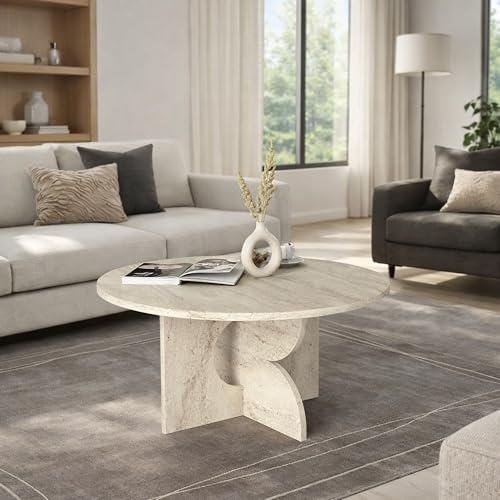 moebel17 Couchtisch rund 75 cm Travertin-Optik – runder Wohnzimmertisch in Stein-Optik, Beige – moderner Sofatisch Wohnzimmer – Beistelltisch Couch, runder Couchtisch Holzoptik