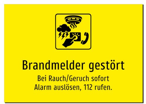 Brandmelder gestört - Bei Rauch/Geruch sofort Alarm auslösen, 112 rufen. – Aluminiumschild A2: 594x420mm – Mit Grafik und Text
