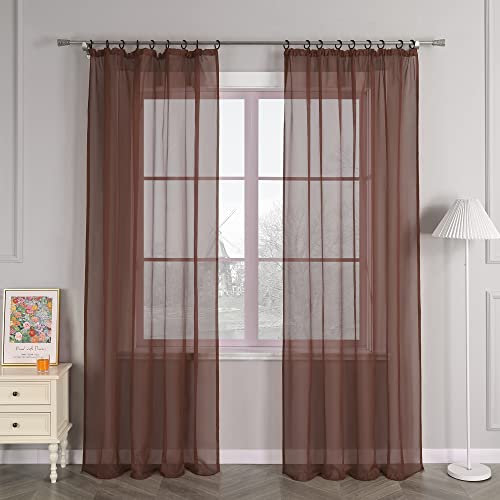HongYa 1er-Pack Uni Gardine Transparenter Voile Schal Vorhang mit Kräuselband H/B 225/145 cm Braun