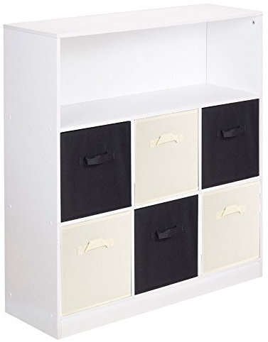 URBNLIVING White Wide 7 Cube Bookcase Cream & Black Non Woven Drawers