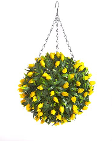 Best Artificial TULIP Flower Ball Lush Long Leaf Topiary Grass (28cm, Yellow)