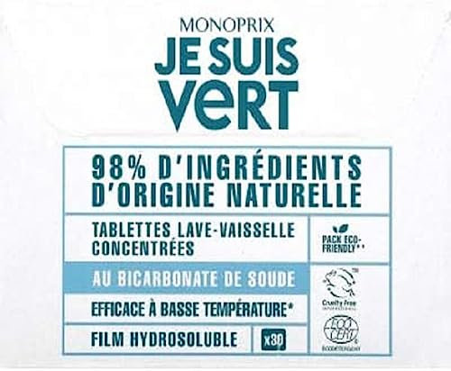Monoprix Je Suis Vert Tablettes lave-vaisselle concentrées au bicarbonate de soude - Les 30 tablettes de 12g