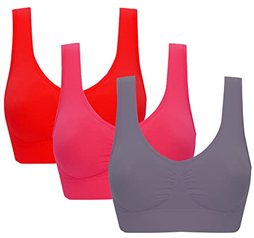 Jamron Mujer 3 Piezas Bralettes Cómodos sin Aros sin Costuras Sujetador Deportivo con Almohadillas Extraíbles para Yoga Rojo + Fucsia + Gris 6XL