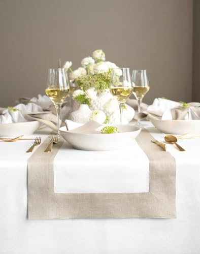 Solino Home Leinen Tischläufer 35.6x152.4 cm,100% reines Leinen Contempo Tischläufer für Frühling, Ostern, Sommer, Essen,Natur und Weiß, handgefertigt aus europäischem Flachs und maschinenwaschbar
