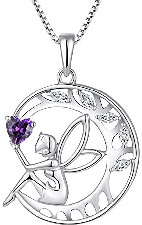 FJ Guardian Angel Tree of Life Sterling Silver Pendant Necklace with Amethyst Birthstone for Women Girls