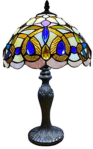 Auroh Tiffany Table lamp, 10 inch Blue and Amber Jewelled Stained Glass | Hand-cut leaded glass shade, 42cm tall, weighted resin base, one E27 bulb up to 40W not included, toggle switch