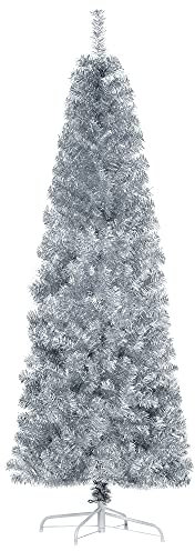HOMCOM Albero di Natale Artificiale Alto 180cm con 618 Rami, Albero di Natale Slim con Base Rimovibile, in PET e Acciaio, Argento