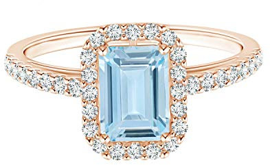 8X6MM Smaragdschliff Aquamarin Edelstein 925 Sterling Silber Solitär mit Akzenten Ring (Roségold Vermeil, 57)