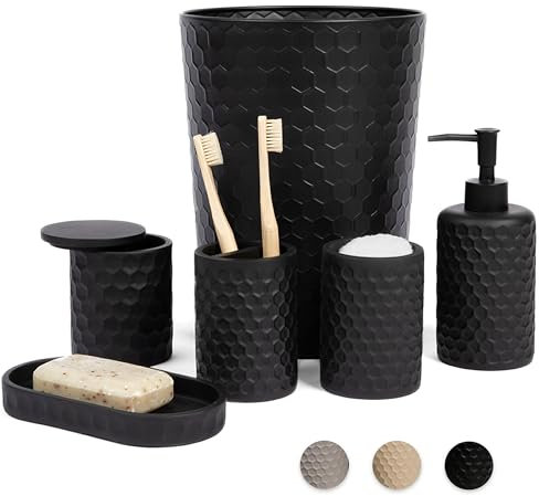 zccz 6-teiliges Badezimmer-Accessoires-Set, Zahnbürstenhalter, Zahnputzbecher, Seifenspender, Badezimmerablage, Wattestäbchenhalter, Mülleimer - Schwarz