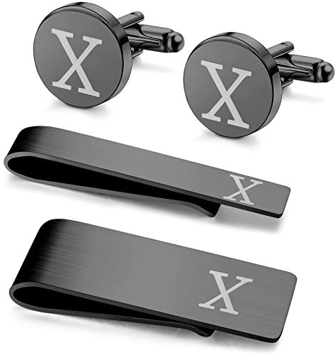 Morfetto 4pcs Boutons de Manchette Initiaux Gravés en Acier Inoxydable Noir et Pince à Cravate Pince à Cravate avec Boîte-Cadeau pour Meilleur Homme Marié Lettre d'affaires de Mariage X